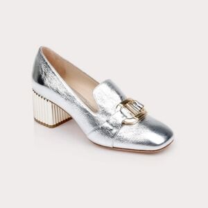 Silver Block Heel Loafers